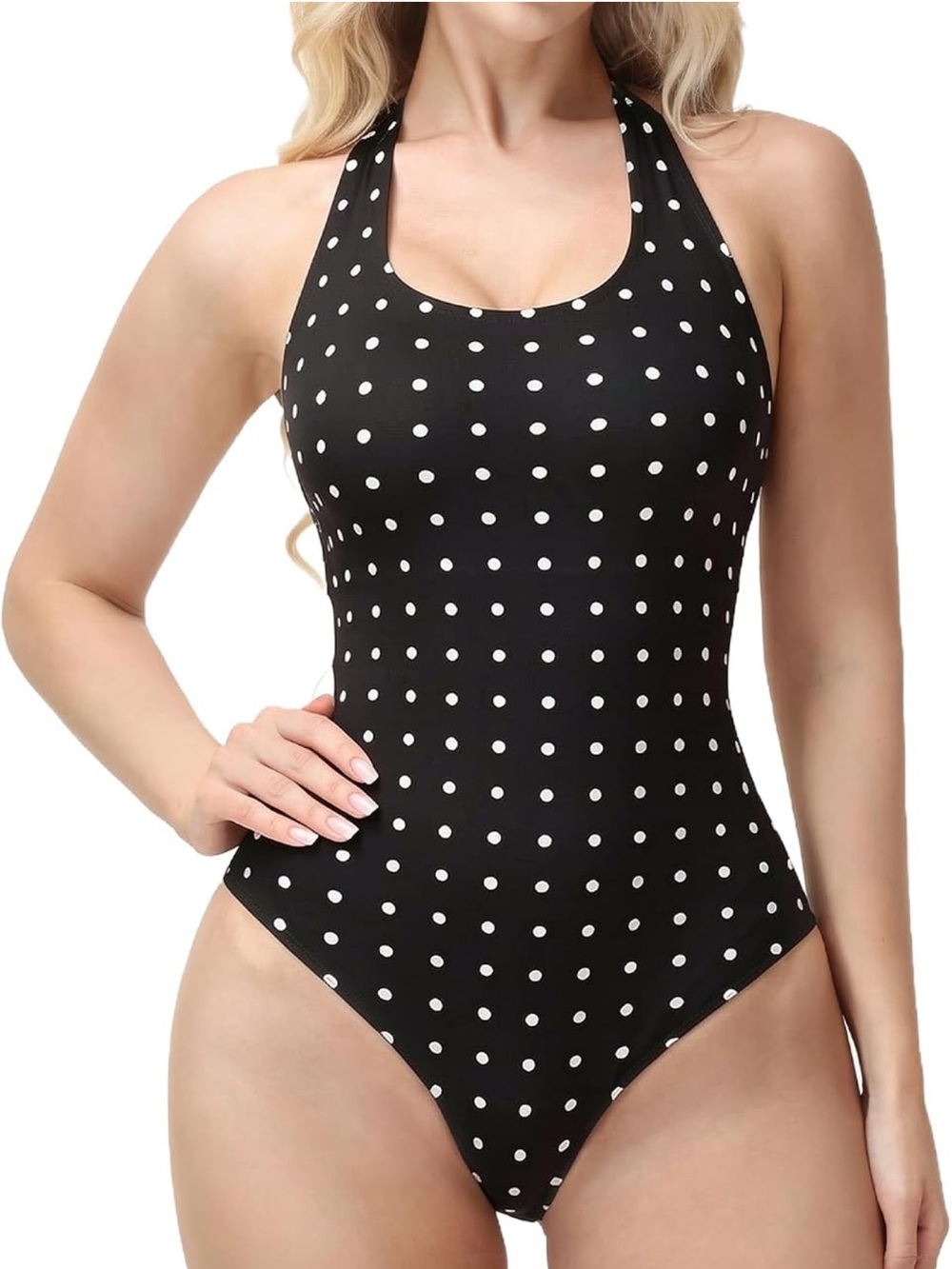 SHAPSHE Corset One Piece Swimsuit, Polka Dot Halter Lace-Up Back Corset One Piec